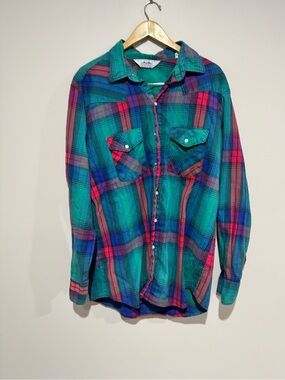 Vintage Five Brothers Dakota Green Plaid Snap Flannel Shirt Sz. XL USA